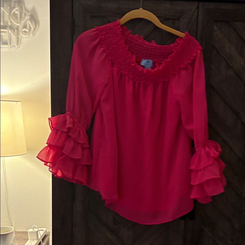 CeCe Vibrant Red Ruffle Sleeve Blouse